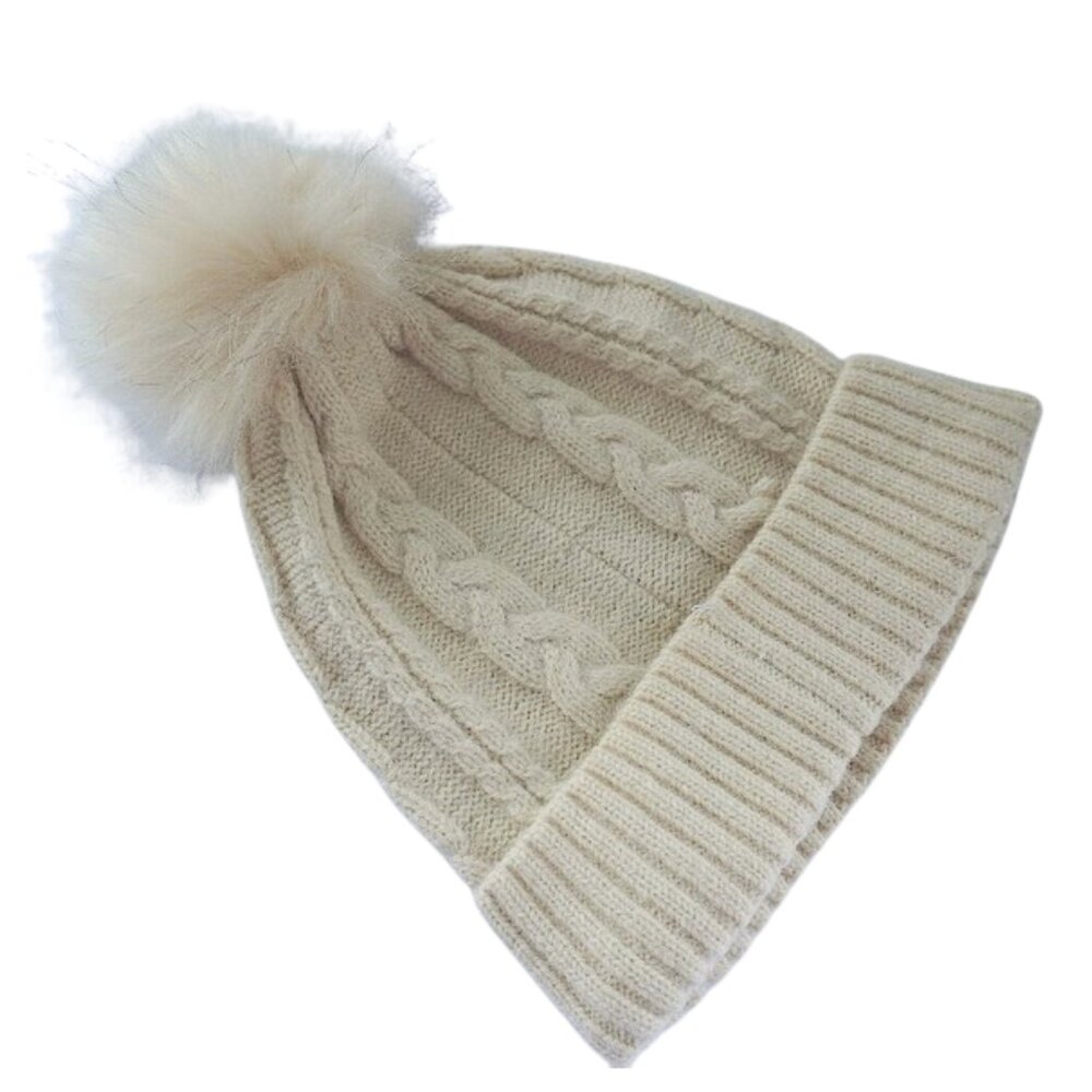 Mudd Women's Cream Cable Knit Beanie Soft Winter Hat Faux Fur